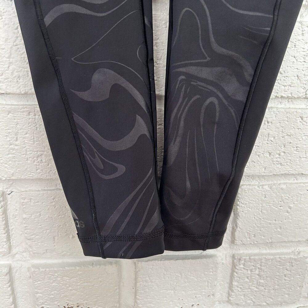 Adidas Athletic Leggings Black All Over Swirl Design Womens S Black Ankle Logo